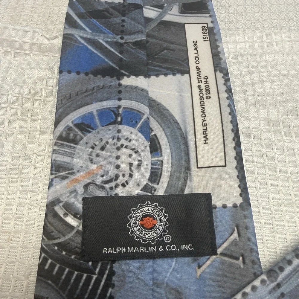 Harley Davidson Mens Necktie Tie 2000 Y2K Ralph Marlin Blue Motorcycle